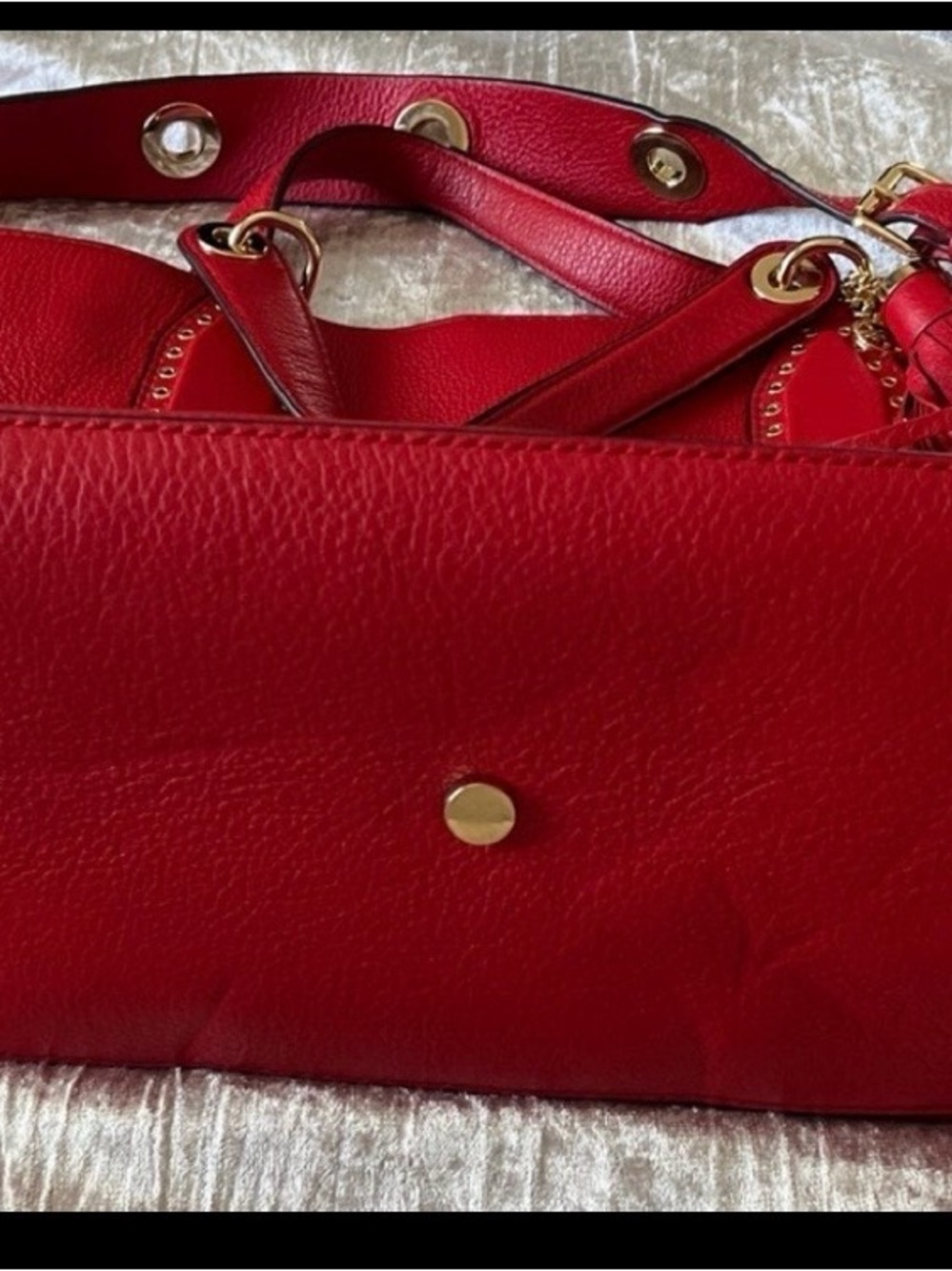 Michael Kors Red Leather Tote with Tassel and Gold Accents - Picture 4 of 9